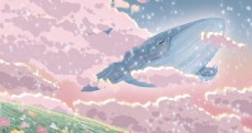 水彩美女梦幻鲸鱼插画图片