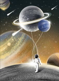 宇宙星空梦幻治愈星球宇航员插画图片