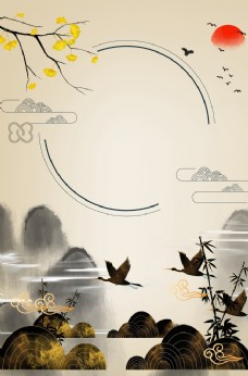 飞鸟新中式山水背景墙图片