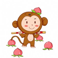 动漫图案猴子桃子插画图片