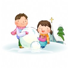 手绘冬季堆雪人的孩子图片