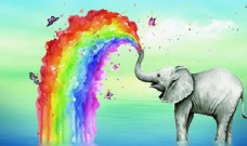 彩绘大象水中喷绘彩虹蝴蝶装饰背景图图片