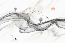 新中式抽象烟雾山水麋鹿背景墙图图片