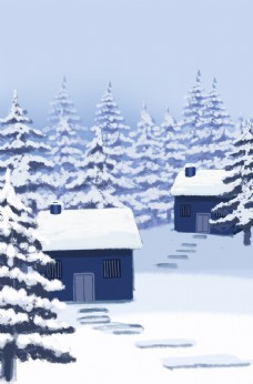 小屋松林雪景冬天冬季手绘图片