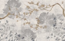 壁画新中式手绘梅花工笔画油画壁纸图片