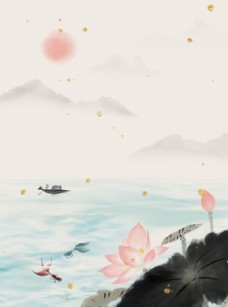 中国风设计彩色水墨中荷花山水图片