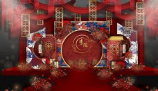 国潮风红蓝中式生日背景素材图片