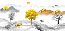 飞鸟山水金树装饰画图片
