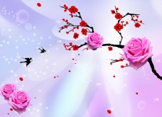 红色花朵梦幻玫瑰梅花燕子图图片