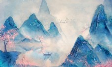 水墨中国风彩色山水画图片