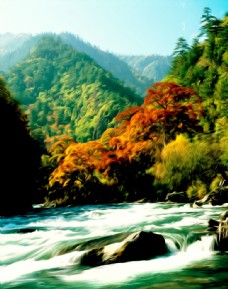 大自然山水风景油画岩石树阴秋图片