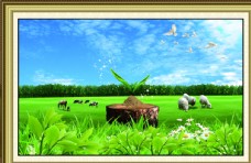 山水草原牛羊相框图片