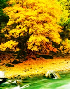 黄色背景秋天风景油画图片