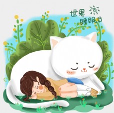 世界睡眠日春天女孩与猫睡觉图片