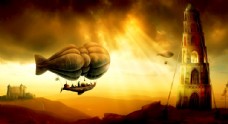 热气球飞船油画图片