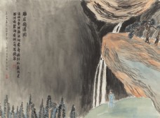 中堂画齐白石国画鸡岩飞瀑图图片