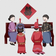 中式红色婚庆卡通新郎新娘拜堂图片
