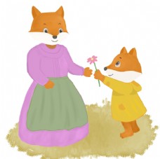 送给妈妈鲜花的小狐狸插画图片