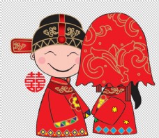 中式红色婚庆卡通新郎新娘PNG免扣素材图片
