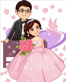 中式红色婚庆卡通新郎新娘图片